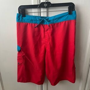 Fox Red Swim Board Shorts with Teal Waistband